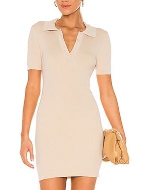 Revolve Line and Dot Brittany Ribbed Mini Dress Tan Large Bodycon Polo V Neck